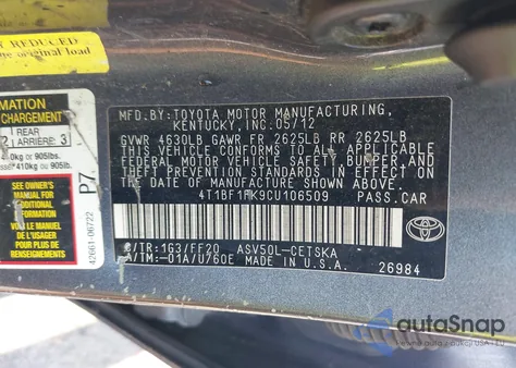 2012 Toyota Camry Se/Le/Xle from USA, damaged, VIN 4T1BF1FK9CU106509